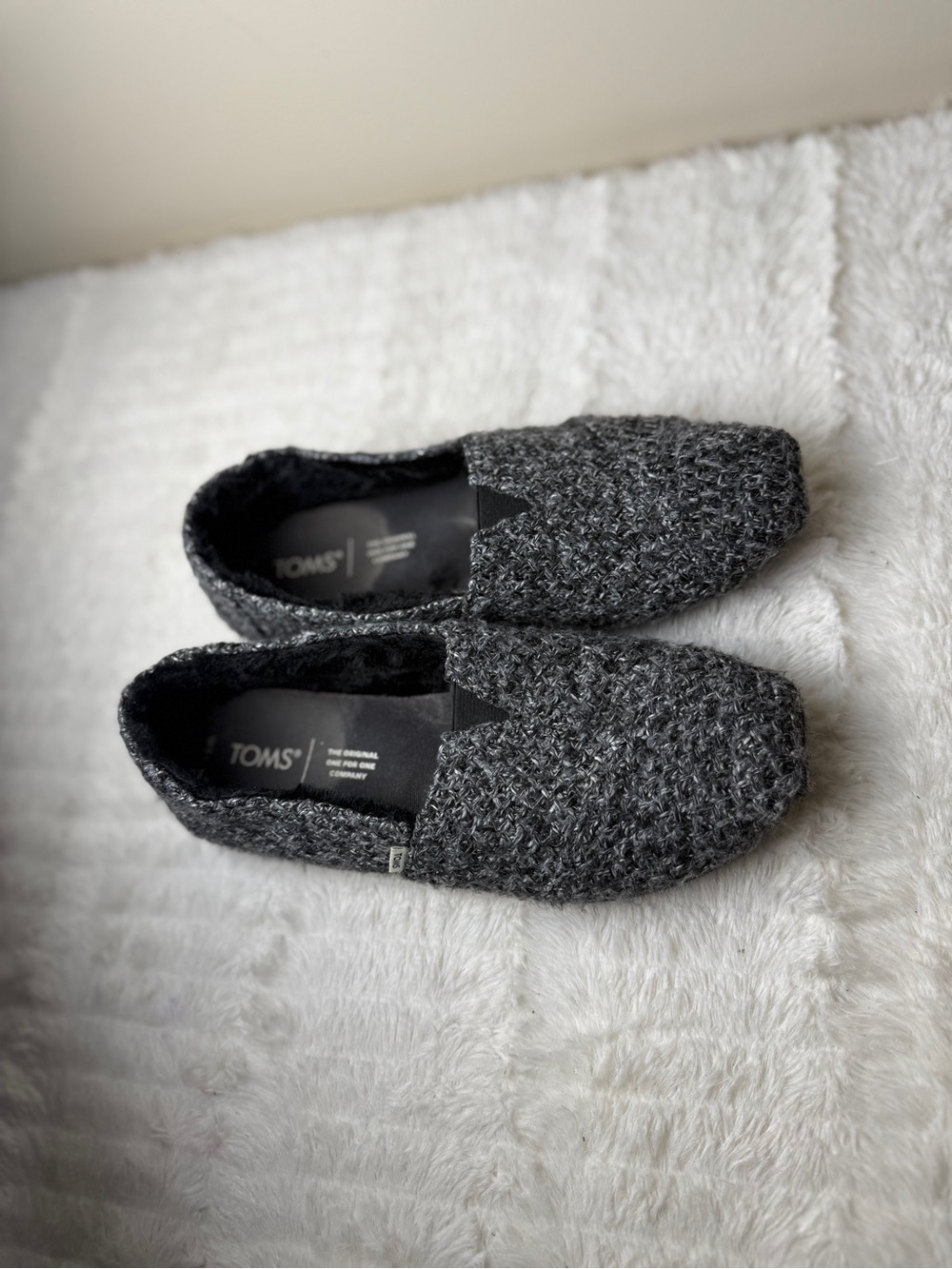 TOMS Black-Grey Knit Slip-On Sneakers with Light Blue Logo Patch